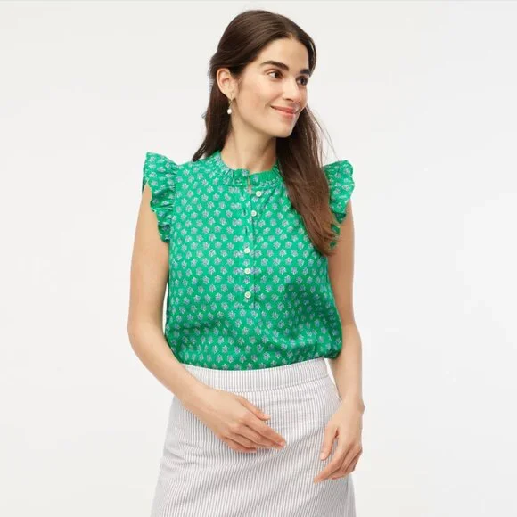 J. Crew Flutter Sleeve Top in Vintage Kelly White Floral Block Print L - Picture 1 of 9